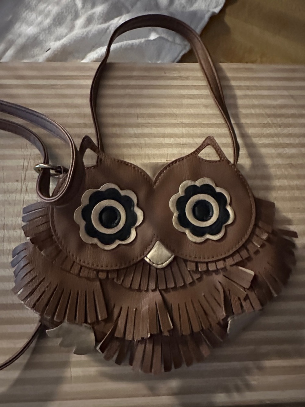 Lulu's Brown Owl Fringe Crossbody Bag with Floral Eyes
